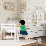 House Bed Children's, Ladder, Drawers, Loft Bed, Fall Protection, Solid Wood, 90x200cm White
