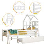 House Bed Children's, Ladder, Drawers, Loft Bed, Fall Protection, Solid Wood, 90x200cm White