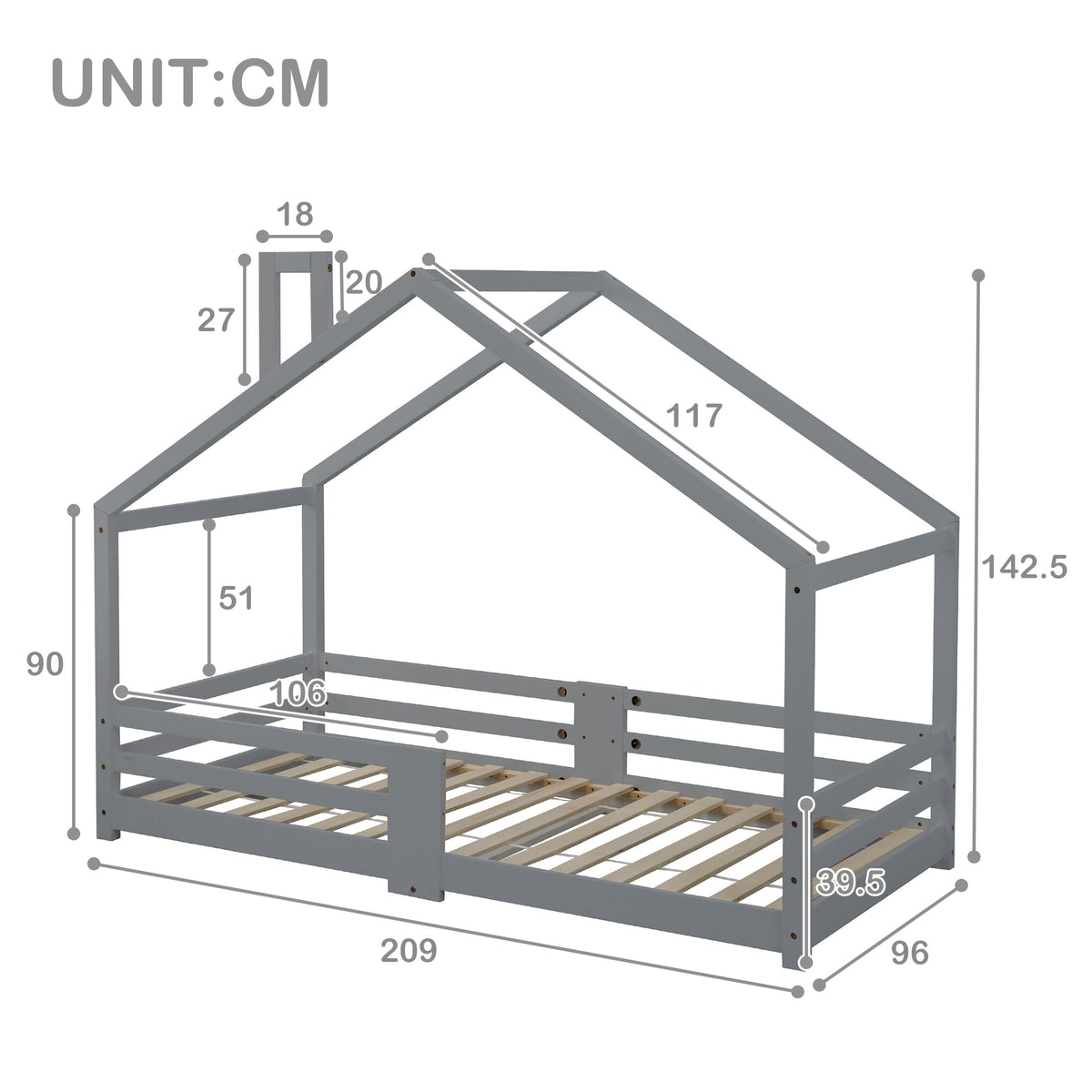 Children's House Bed with Chimney & Fall Protection, Pine Wood, Grey