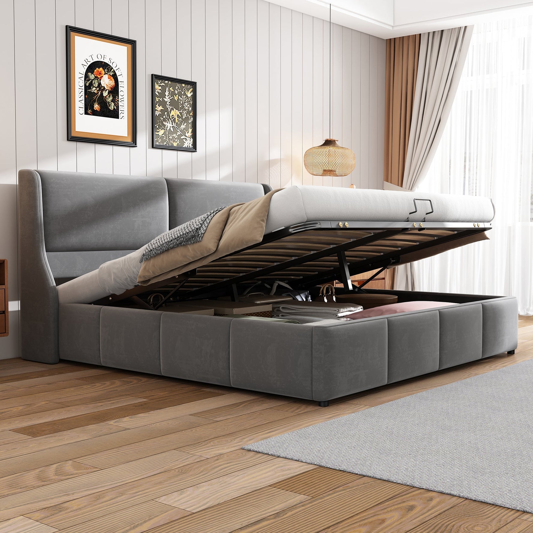 Upholstered Double Bed 180x200 Hydraulic Storage Ear-Shape Headboard - Grey