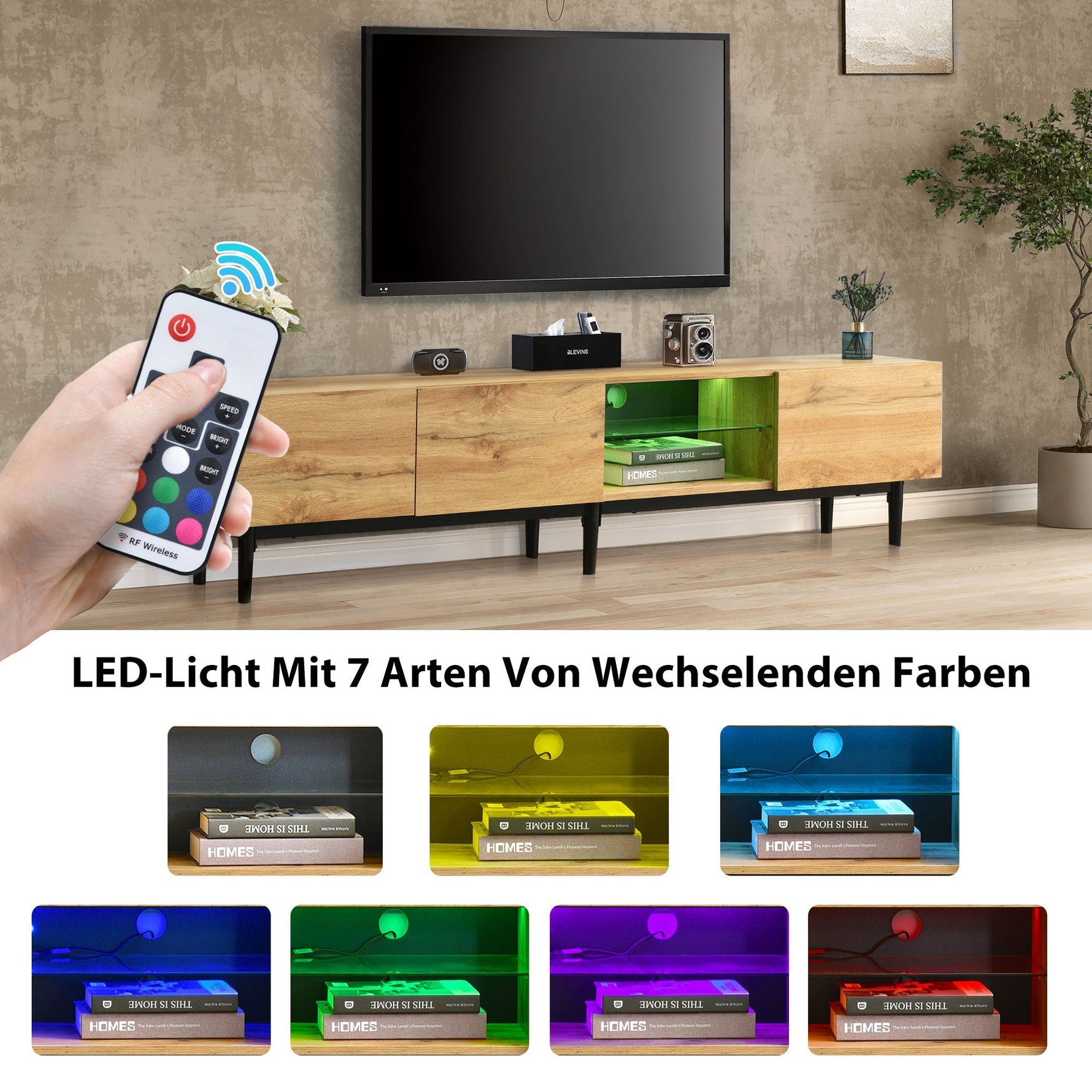 Modern TV Cabinet, Wood Grain with Variable LED Lights