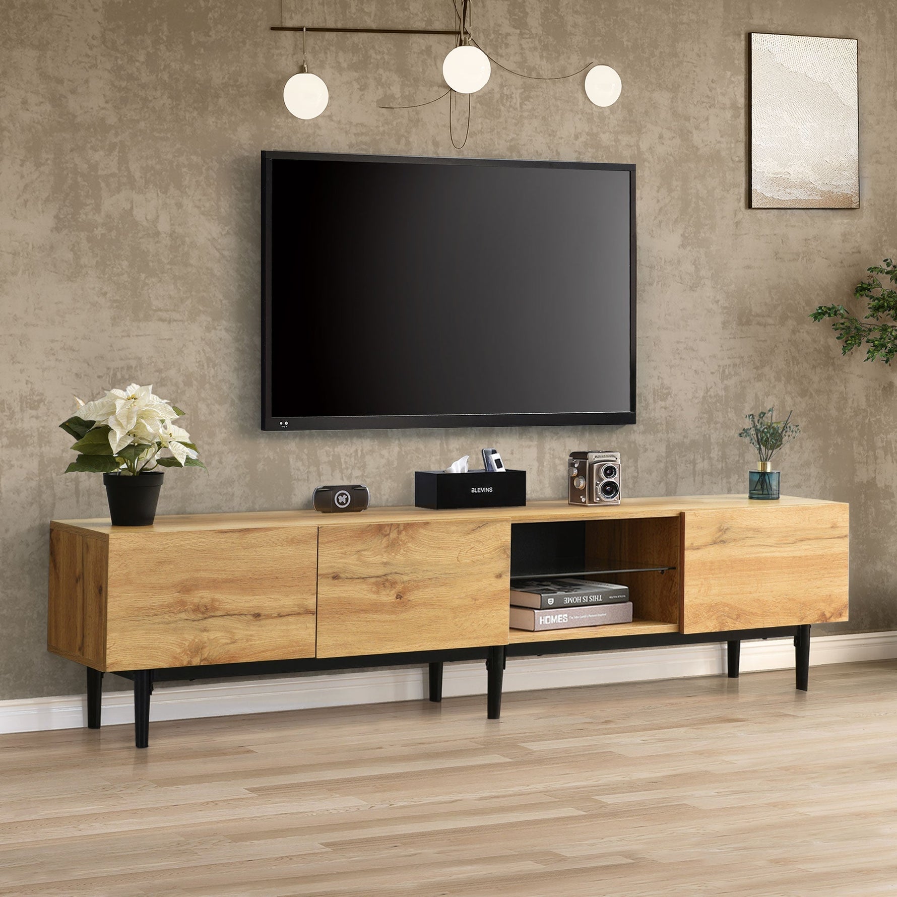 Modern TV Cabinet, Wood Grain with Variable LED Lights