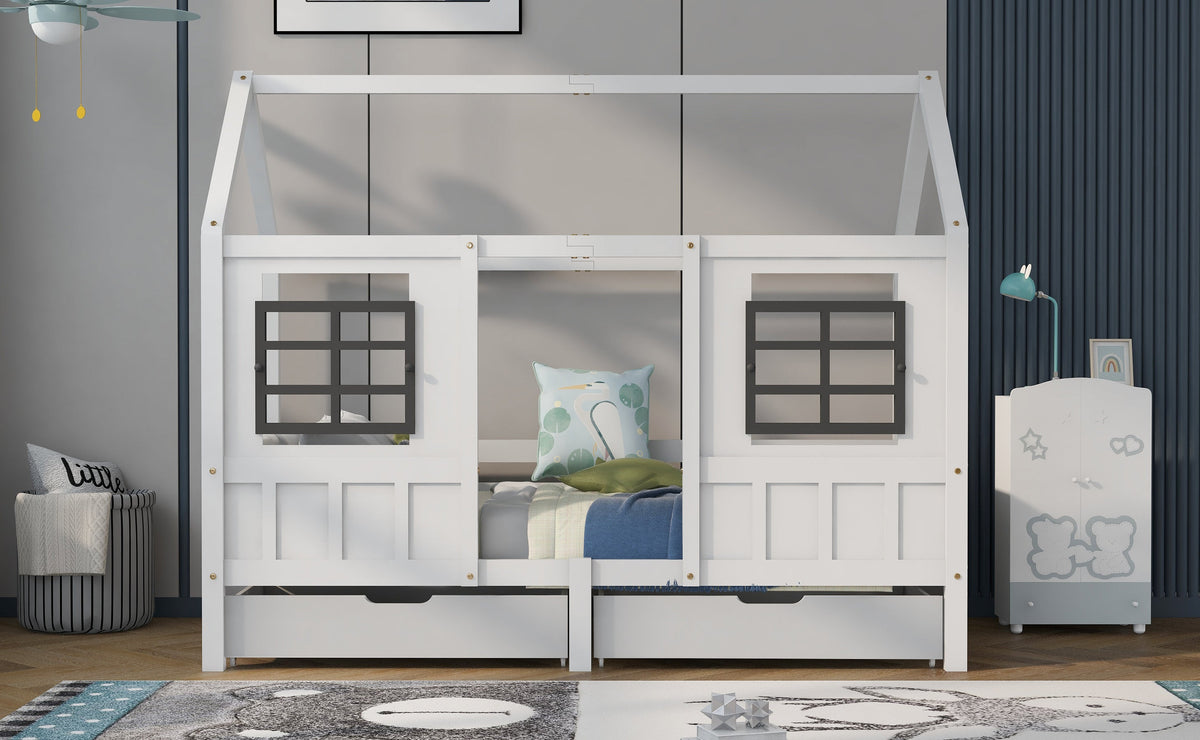 House Bed, 2 Drawers Single Daybed Children's, Pine/MDF White (200x90cm)