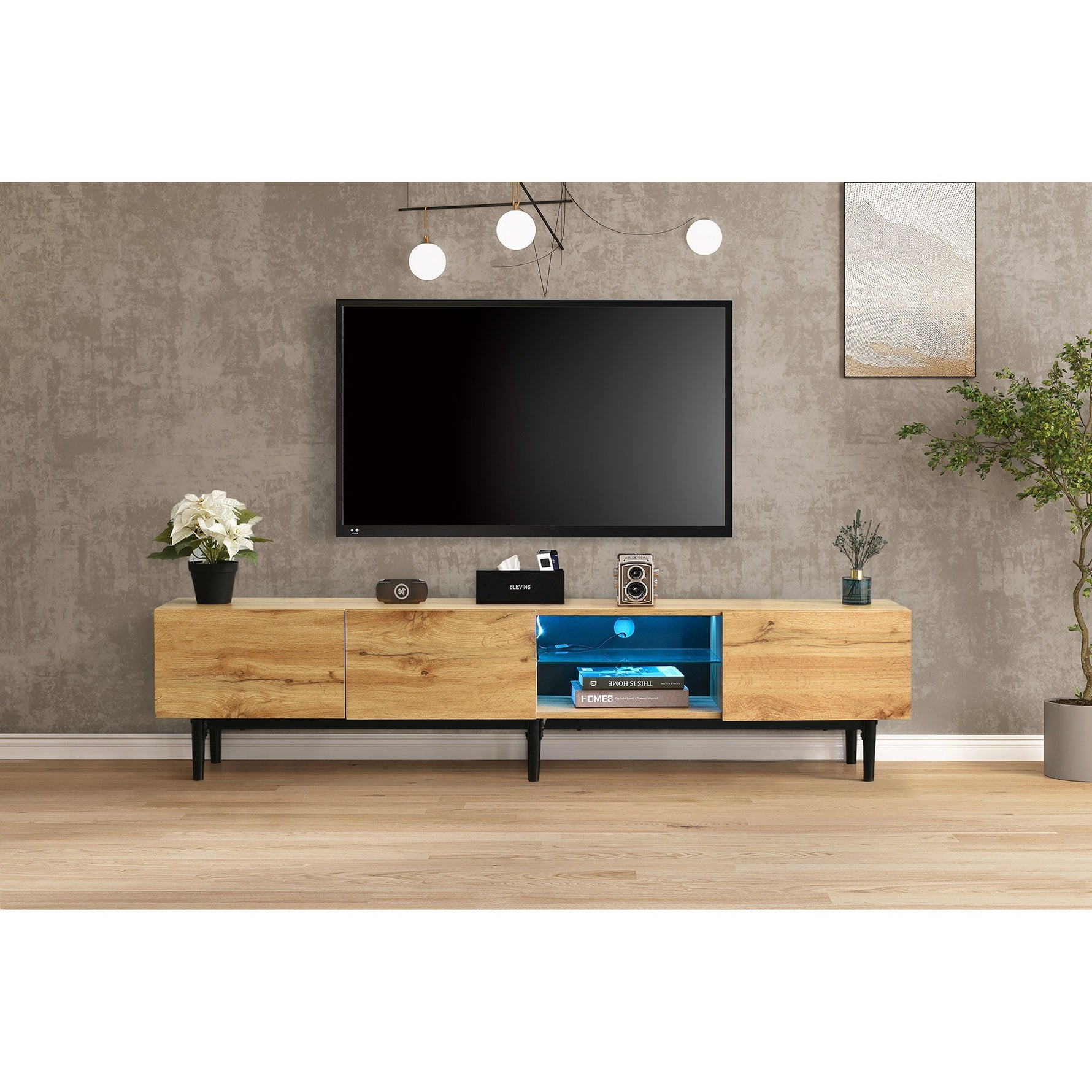 Modern TV Cabinet, Wood Grain with Variable LED Lights