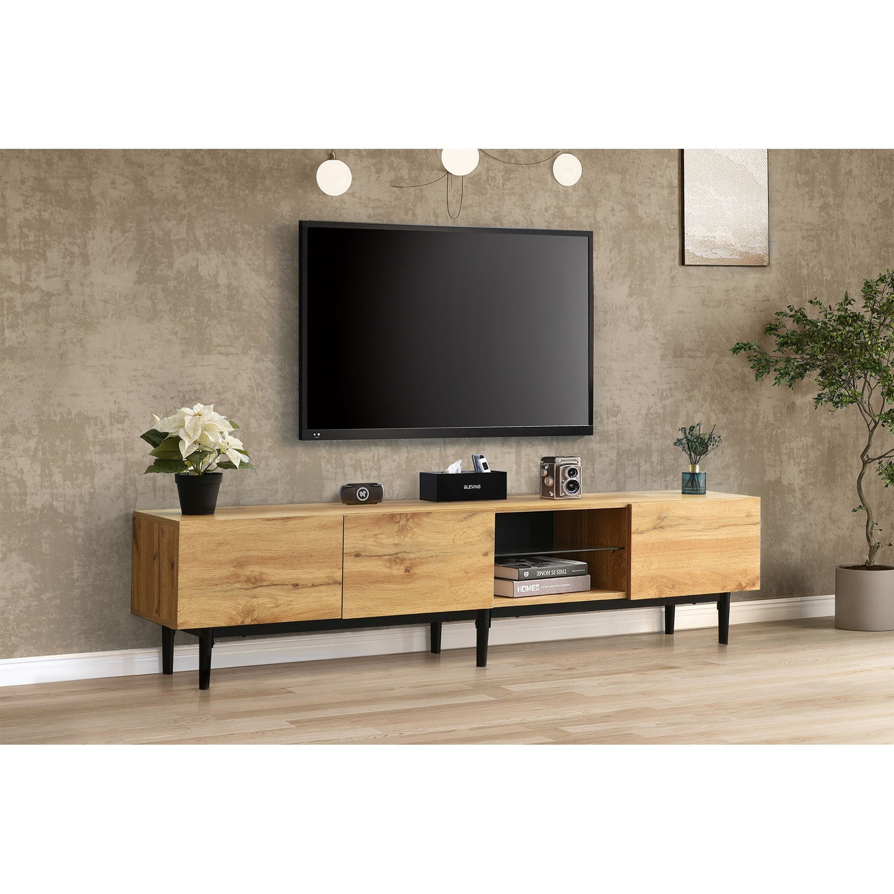 Modern TV Cabinet, Wood Grain with Variable LED Lights