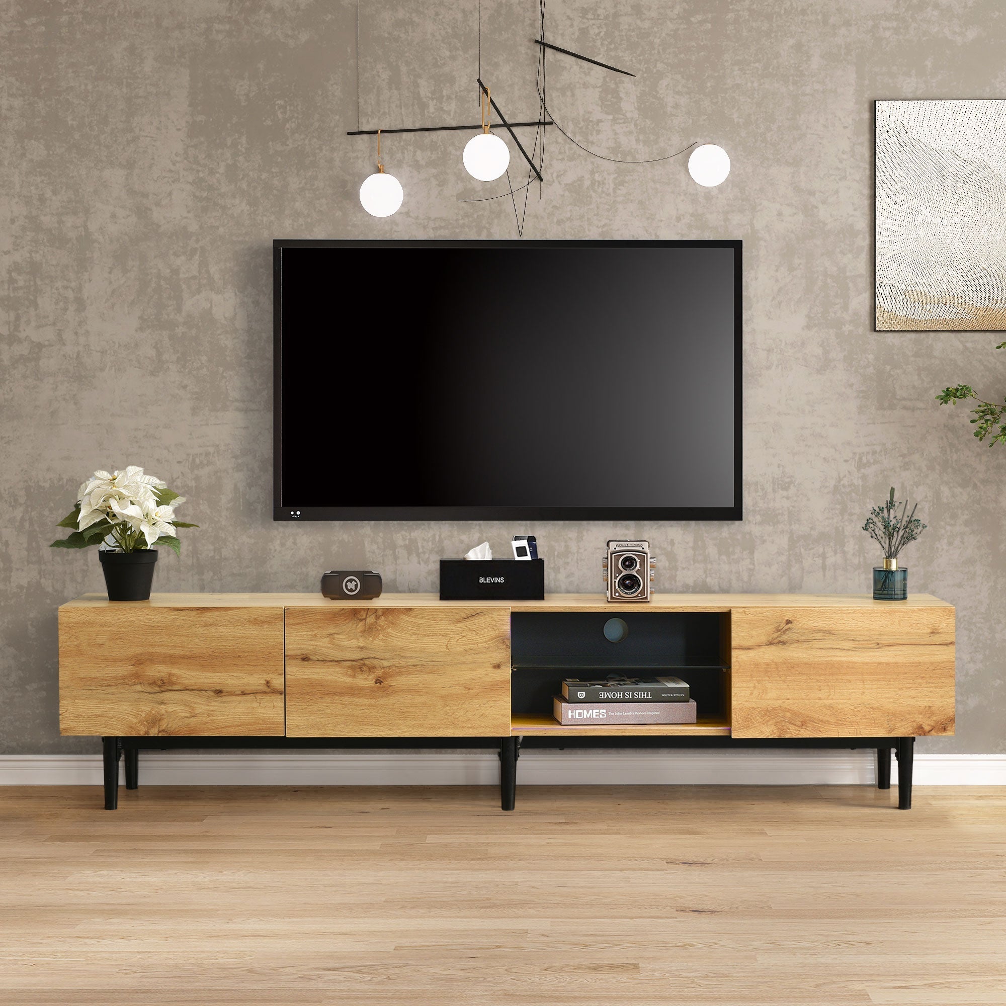 Modern TV Cabinet, Wood Grain with Variable LED Lights