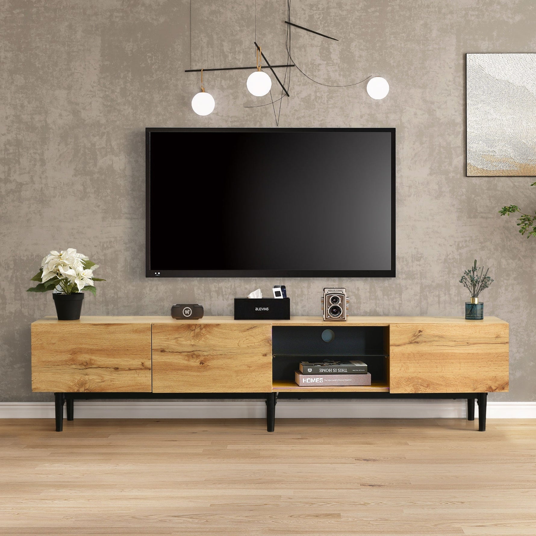 Modern TV Cabinet, Wood Grain with Variable LED Lights