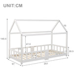 Children's House Bed 90 x 200 cm, with Blackboard & Slatted Frame, White Pinewood