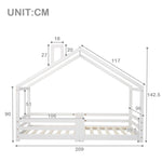 Children's Bed House Bed with Chimney, Fall Protection, Slatted Frames, Pinewood, White