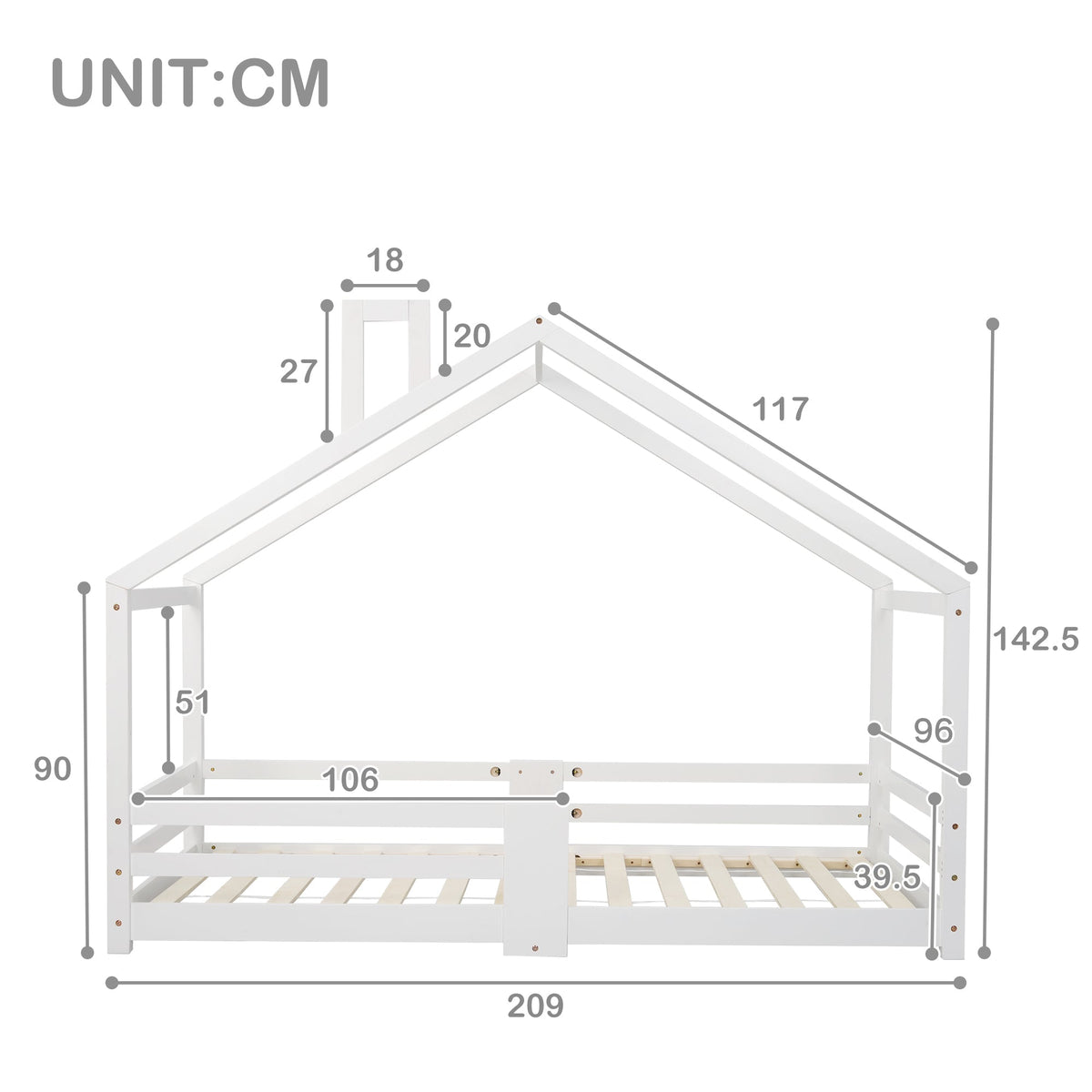 Children's Bed House Bed with Chimney, Fall Protection, Slatted Frames, Pinewood, White