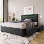 Bed Frame with LED, 2-Drawer, Adjustable Headboard, Wooden Slats, Grey