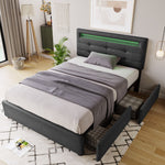 Bed Frame with LED, 2-Drawer, Adjustable Headboard, Wooden Slats, Grey