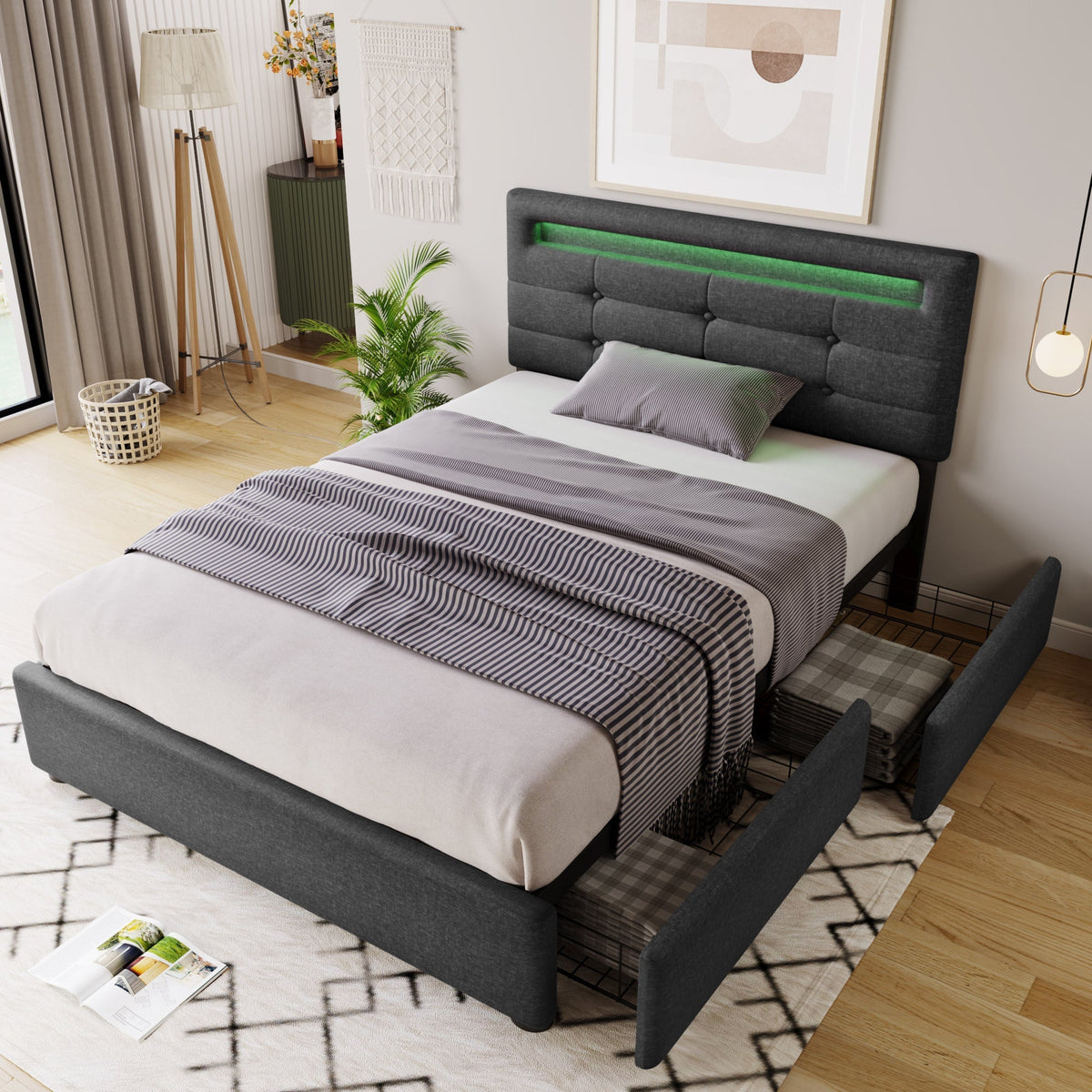 Bed Frame with LED, 2-Drawer, Adjustable Headboard, Wooden Slats, Grey