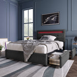 Bed Frame, LED Lighting, 2 Drawers, Adjustable Headboard, Upholstered, Grey
