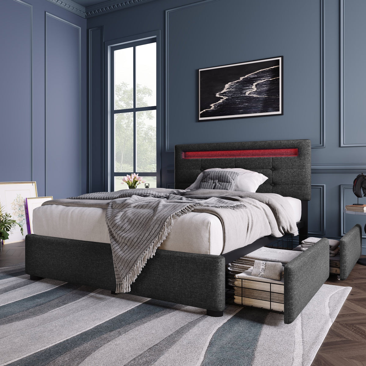 Bed Frame, LED Lighting, 2 Drawers, Adjustable Headboard, Upholstered, Grey