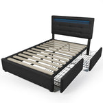 Bed Frame, LED Lighting, 2 Drawers, Adjustable Headboard, Black