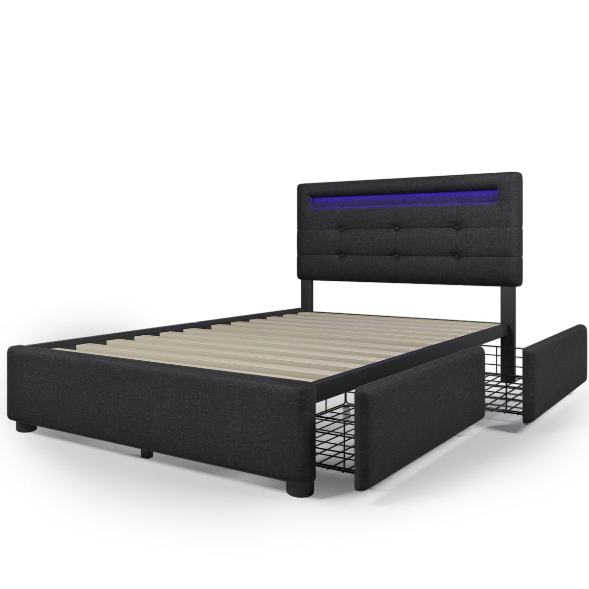 Bed Frame, LED Lighting, 2 Drawers, Adjustable Headboard, Black