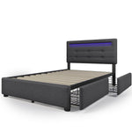 Bed Frame, LED Lighting, 2 Drawers, Adjustable Headboard, Upholstered, Grey