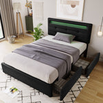 Bed Frame with LED, 2 Drawers, Adjustable Headboard, Black