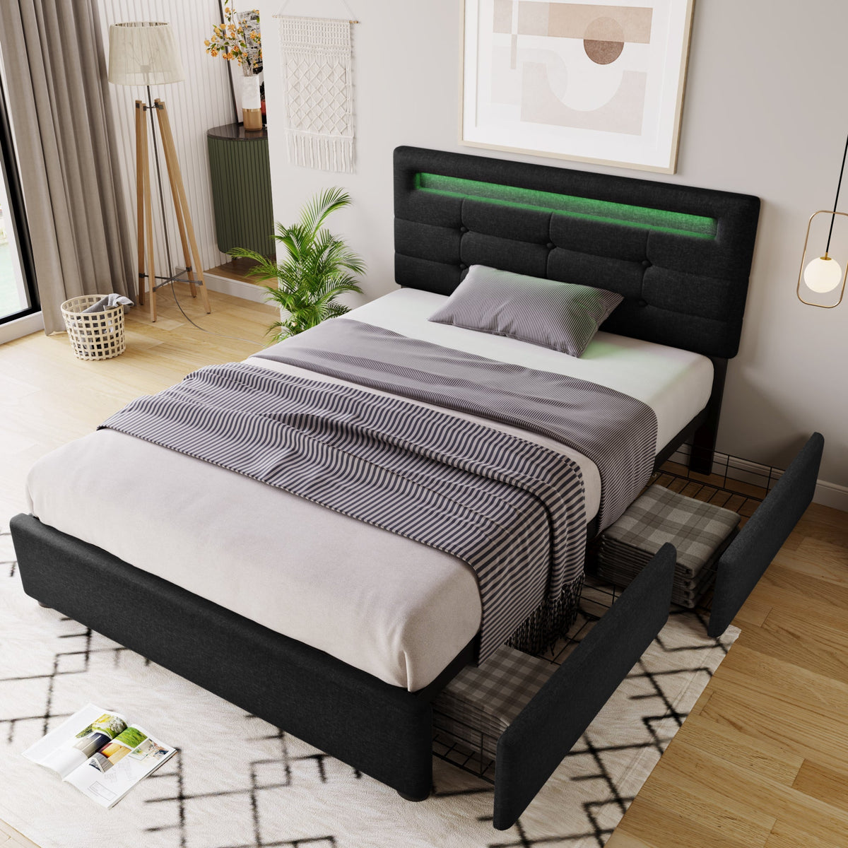 Bed Frame with LED, 2 Drawers, Adjustable Headboard, Black