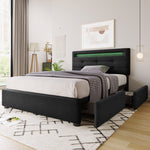 Bed Frame, LED Lighting, 2 Drawers, Adjustable Headboard, Black