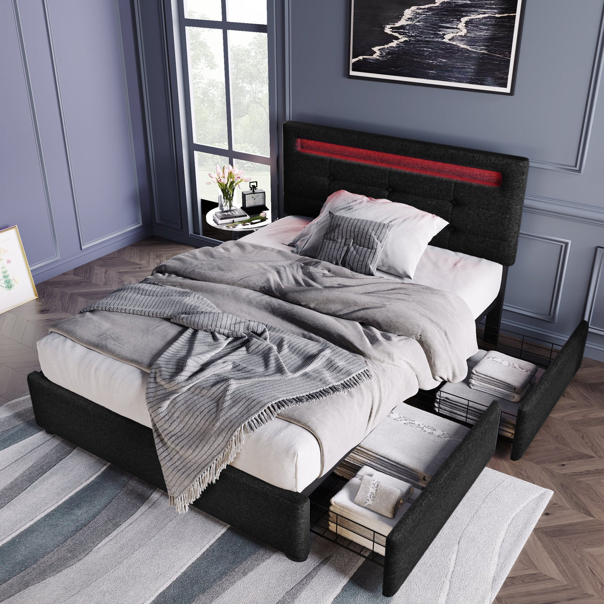 Bed Frame, LED Lighting, 2 Drawers, Adjustable Headboard, Black