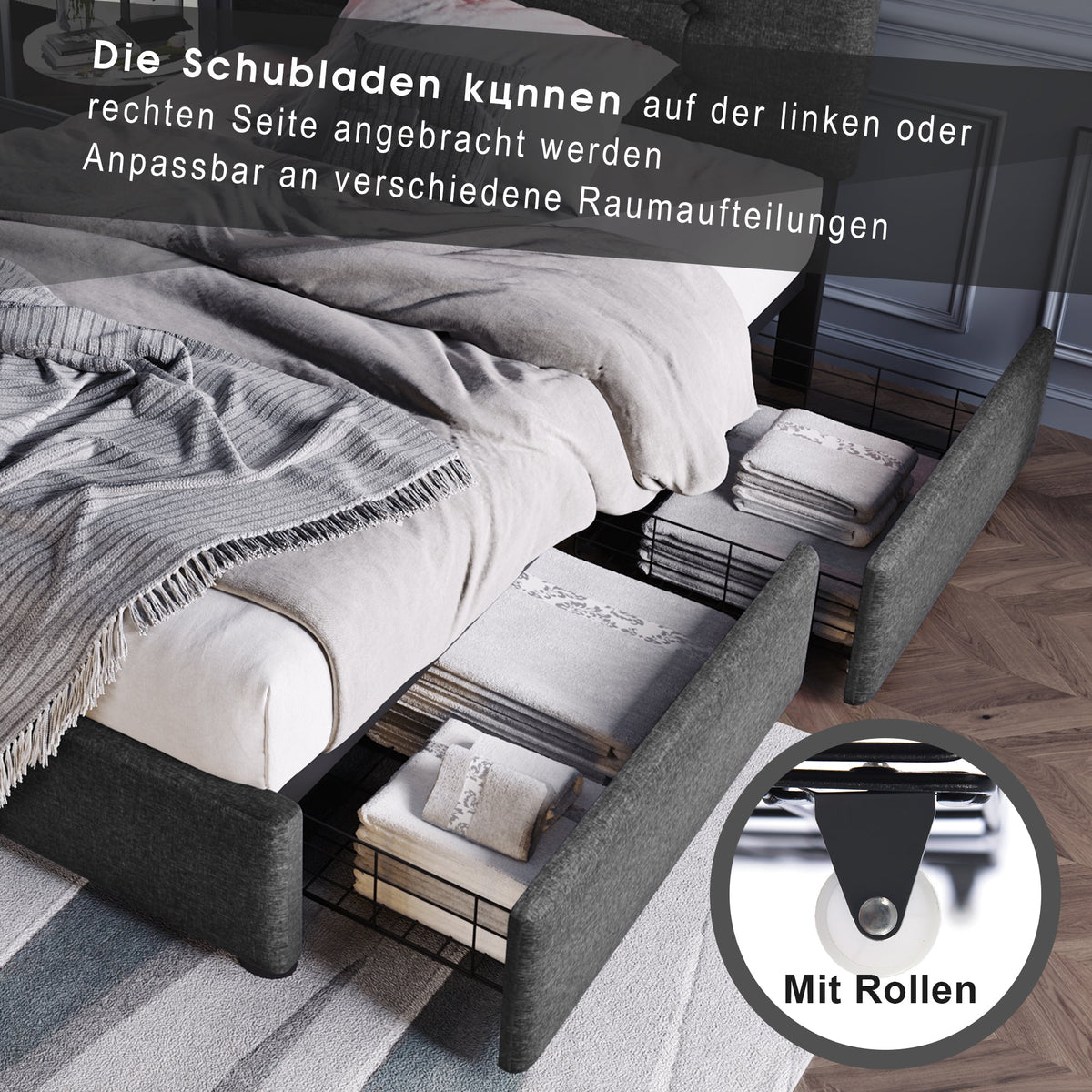 Bed Frame with LED, 2-Drawer, Adjustable Headboard, Wooden Slats, Grey