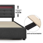 Bed Frame with LED, 2-Drawer, Adjustable Headboard, Wooden Slats, Grey