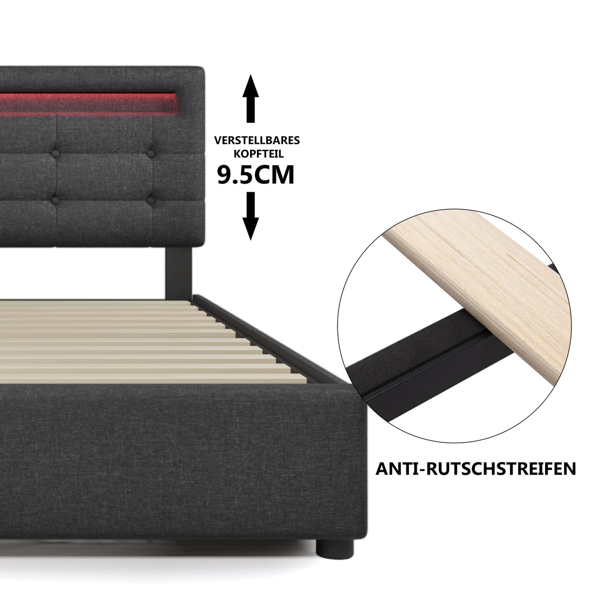 Bed Frame with LED, 2-Drawer, Adjustable Headboard, Wooden Slats, Grey