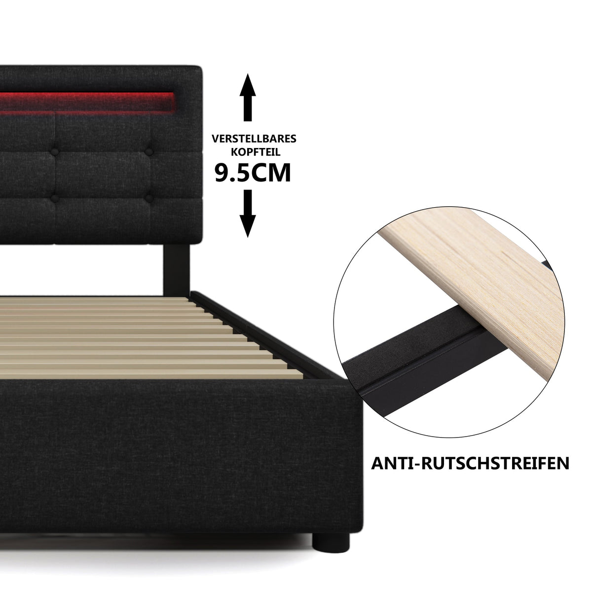 Bed Frame, LED Lighting, 2 Drawers, Adjustable Headboard, Black
