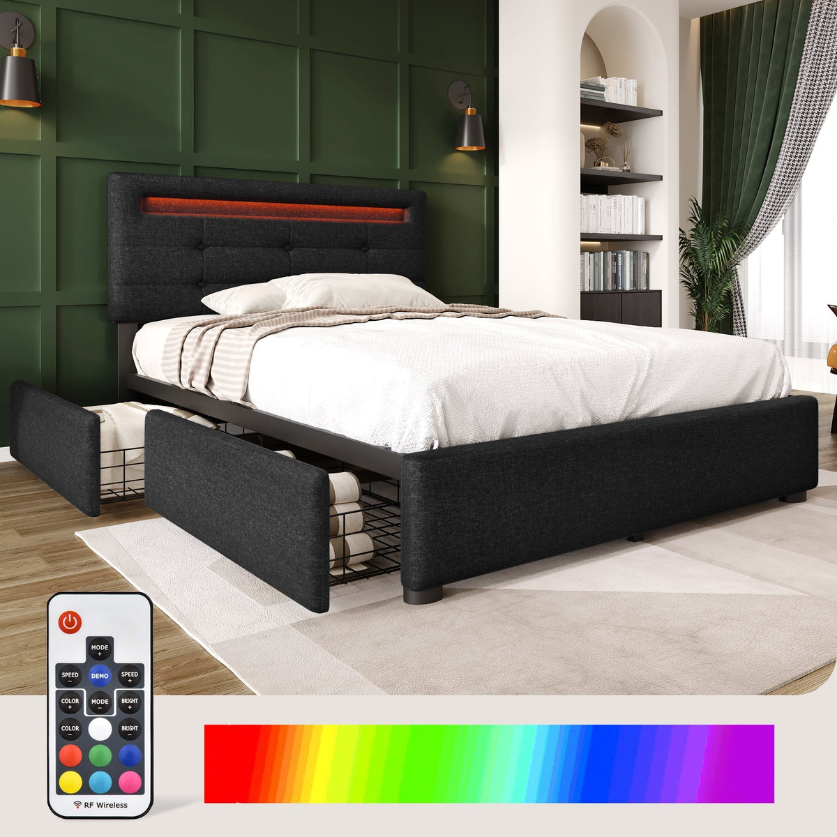 Bed Frame, LED Lighting, 2 Drawers, Adjustable Headboard, Black