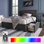 Bed Frame, LED Lighting, 2 Drawers, Adjustable Headboard, Upholstered, Grey