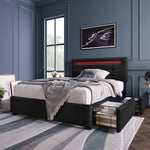 Bed Frame, LED Lighting, 2 Drawers, Adjustable Headboard, Black