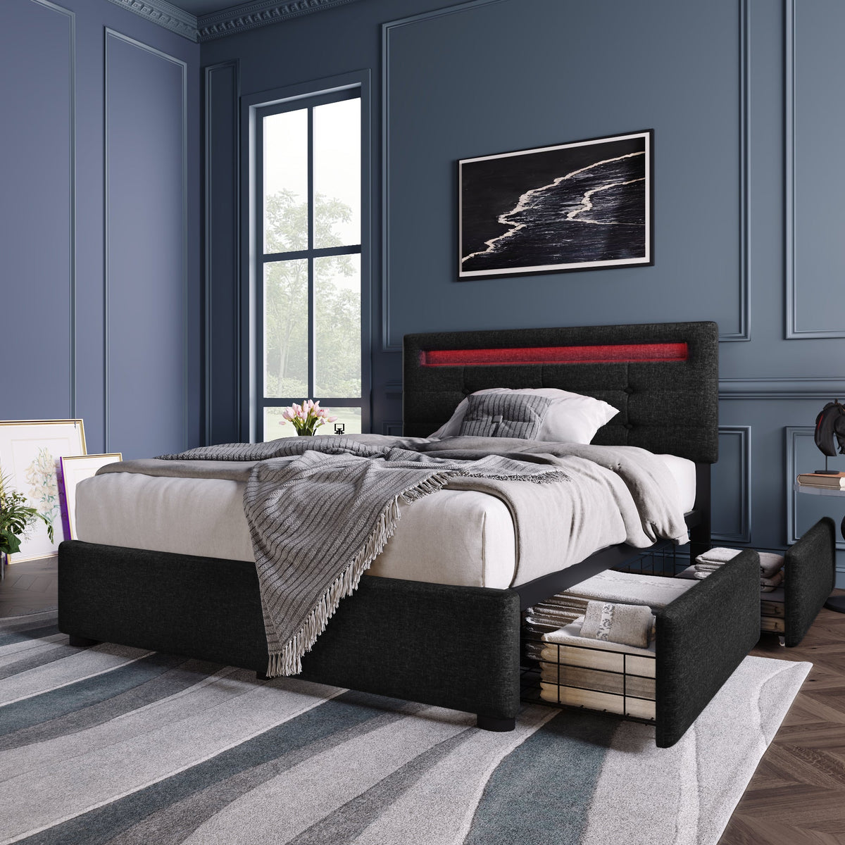 Bed Frame, LED Lighting, 2 Drawers, Adjustable Headboard, Black