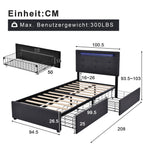 Bed Frame with LED, 2-Drawer, Adjustable Headboard, Wooden Slats, Grey