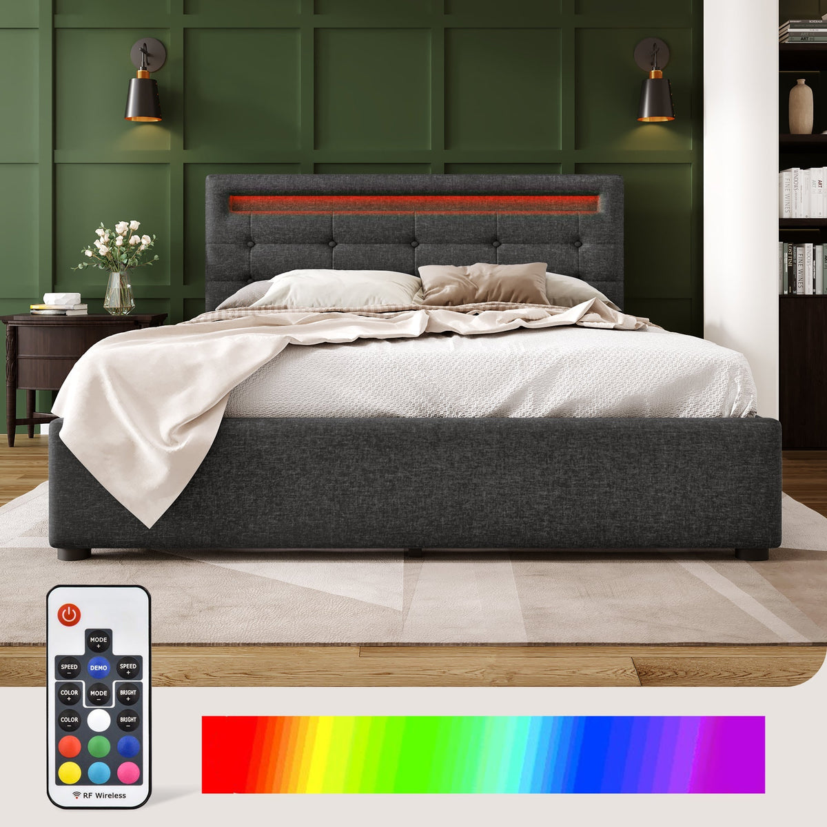 Bed Frame, 140x200cm, LED, 4 Drawers, Adjustable Headboard, Wooden Slats, Grey