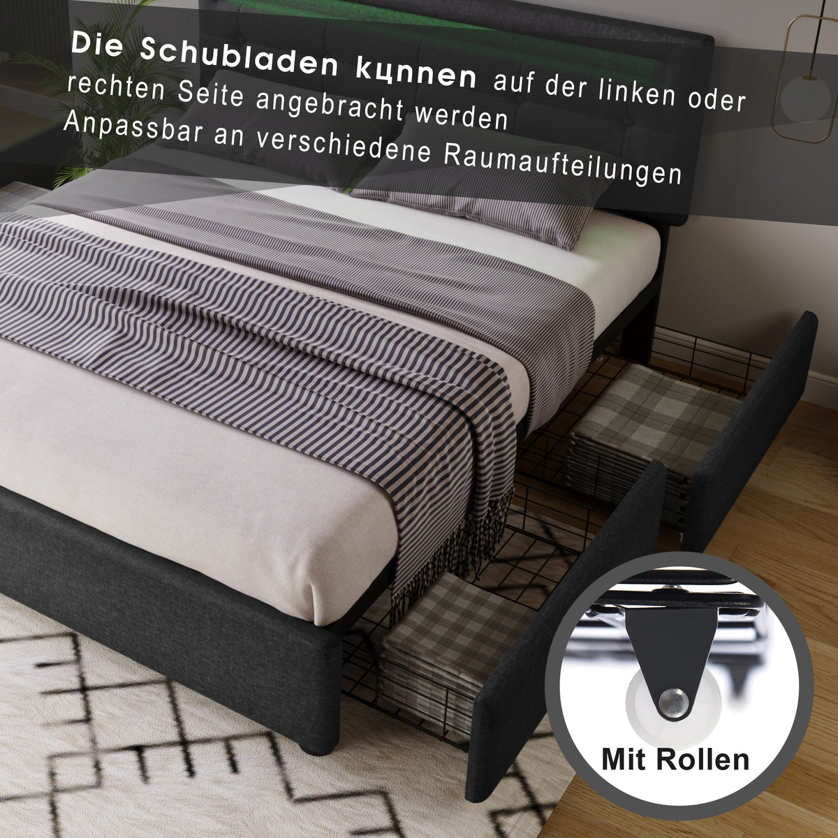 Bed Frame, 140x200cm, LED, 4 Drawers, Adjustable Headboard, Wooden Slats, Grey
