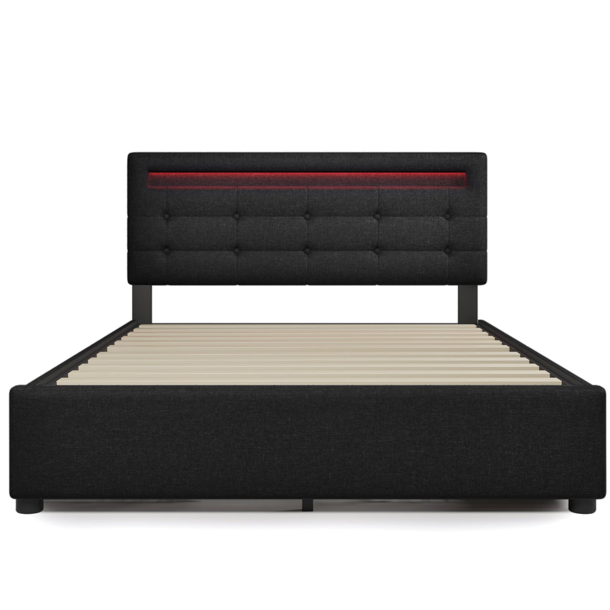 Bed Frame with Mattress, LED Lighting, 4 Drawers, Height-Adjustable Headboard, Wooden Slatted Frame, Black