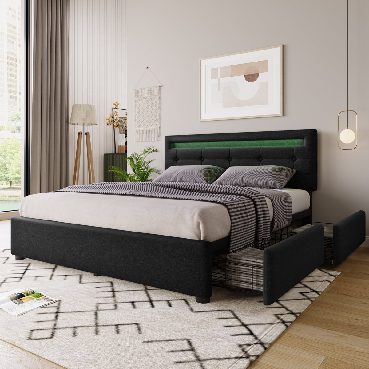 Bed Frame with Mattress, LED Lighting, 4 Drawers, Height-Adjustable Headboard, Wooden Slatted Frame, Black