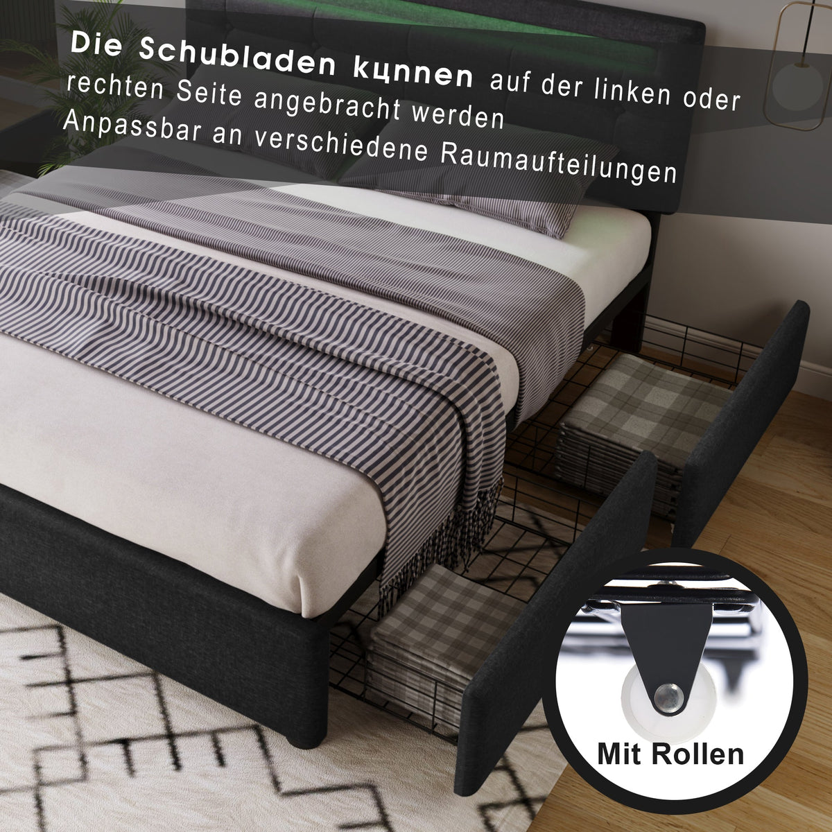 Bed Frame with Mattress, LED Lighting, 4 Drawers, Height-Adjustable Headboard, Wooden Slatted Frame, Black