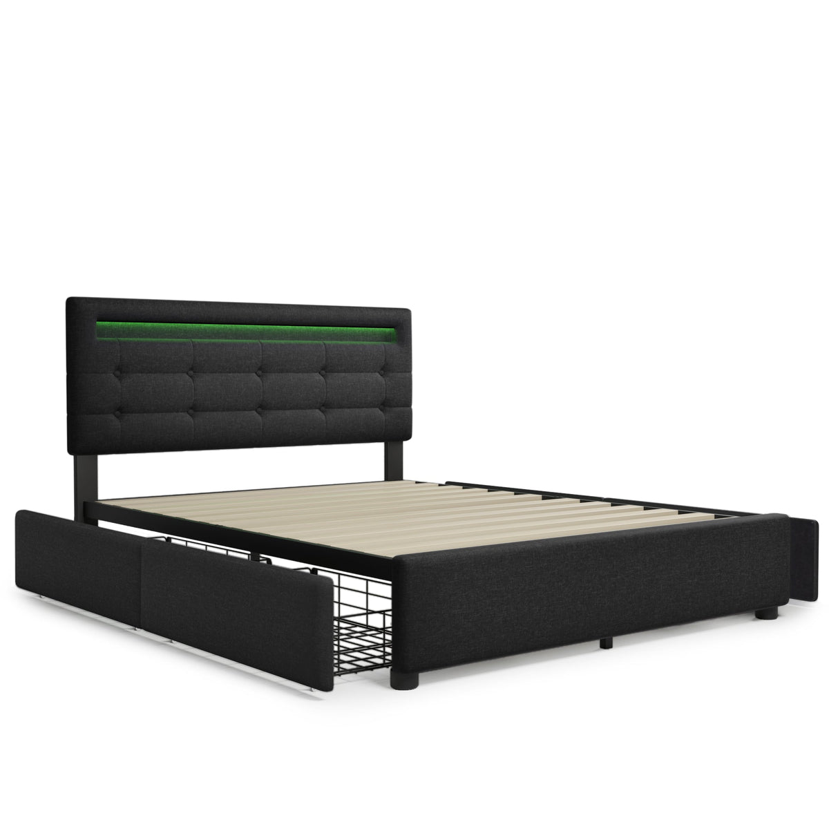 Bed Frame with LED, 4 Drawers, Adjustable Headboard, Black