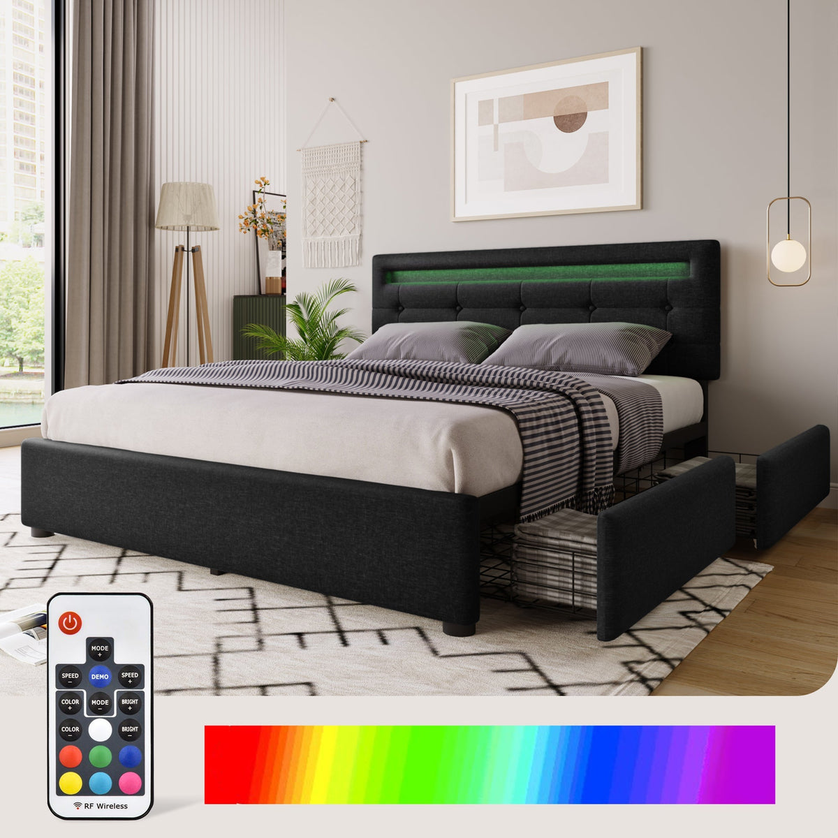 Bed Frame with LED, 4 Drawers, Adjustable Headboard, Black