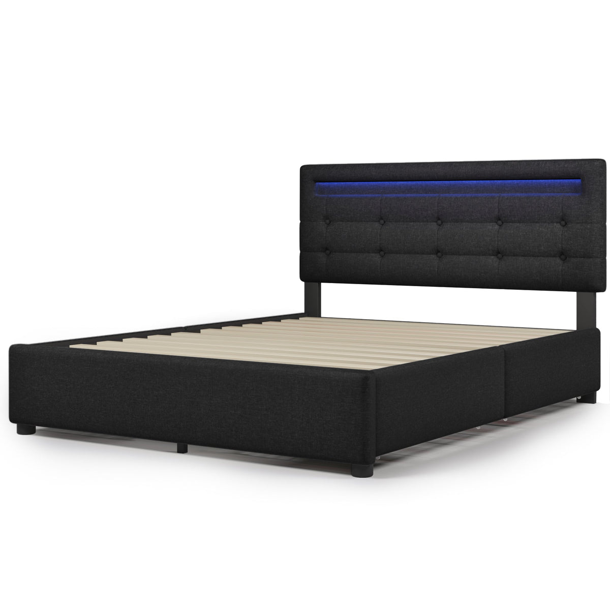 Bed Frame with Mattress, LED Lighting, 4 Drawers, Height-Adjustable Headboard, Wooden Slatted Frame, Black