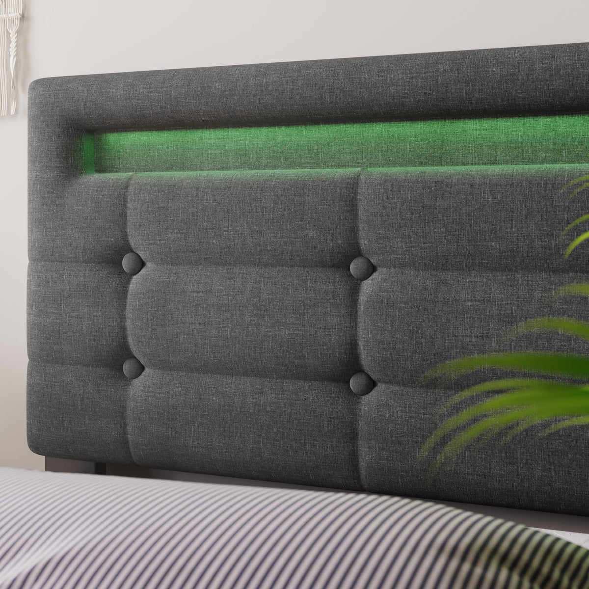 Bed Frame, LED Lighting, 2 Drawers, Adjustable Headboard, Upholstered, Grey