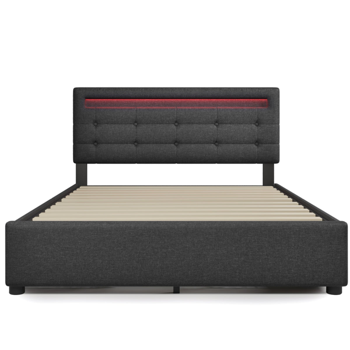Bed Frame, 140x200cm, LED, 4 Drawers, Adjustable Headboard, Wooden Slats, Grey