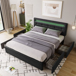 Bed Frame with LED, 4 Drawers, Adjustable Headboard, Black