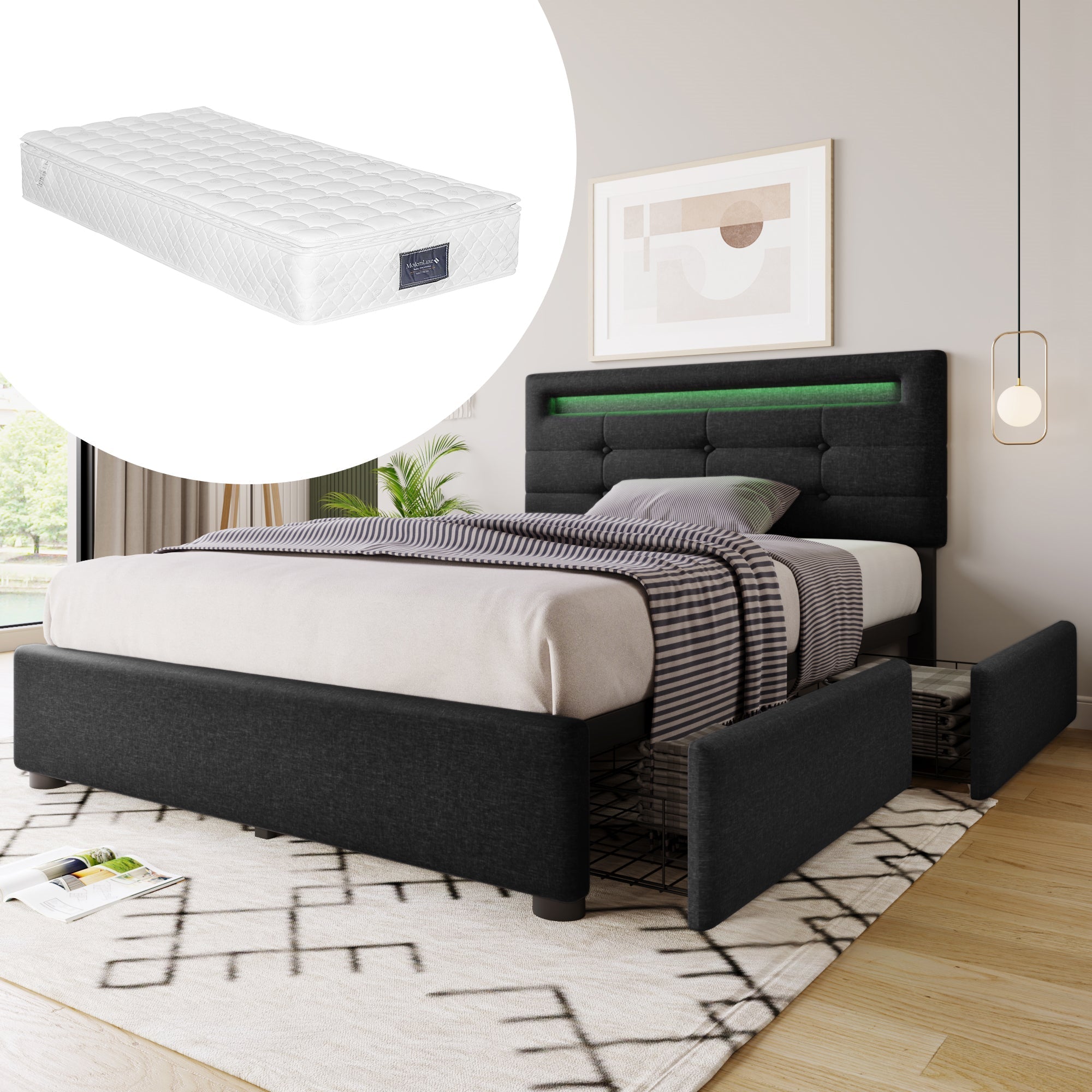 Bed Frame, LED Lighting, 2 Drawers, Adjustable Headboard, Black