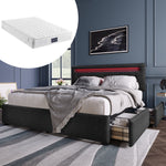 Bed Frame with Mattress, LED Lighting, 4 Drawers, Height-Adjustable Headboard, Wooden Slatted Frame, Black