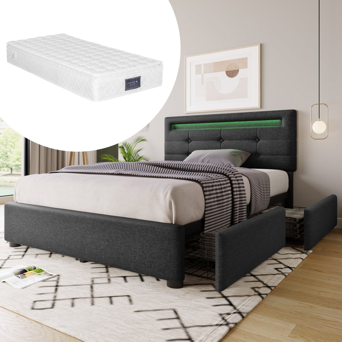 Bed Frame, LED Lighting, 2 Drawers, Adjustable Headboard, Upholstered, Grey