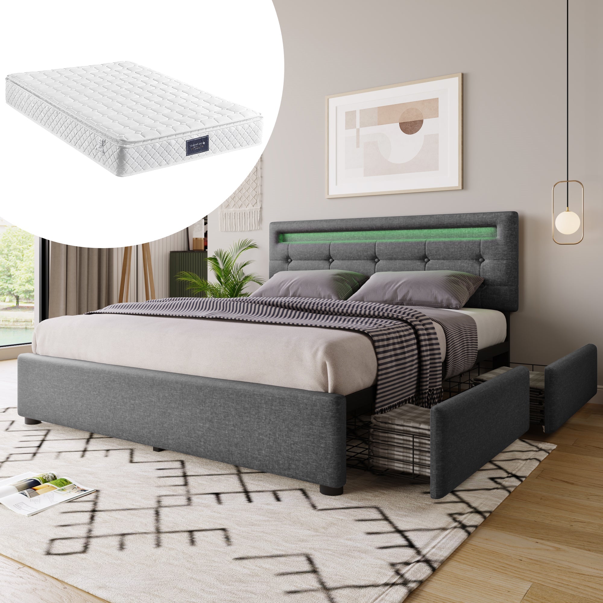 Bed Frame with LED Lighting, 4 Drawers, Adjustable Headboard, Wooden Slats, Grey